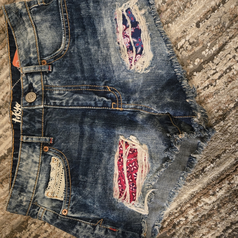 Tokyo Darling Red and Blue Jean Shorts Distressed Style